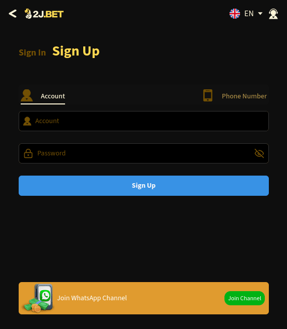 2jbet game signup interface screenshot