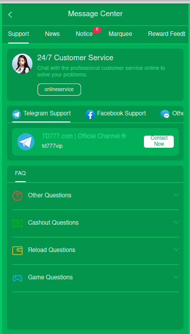 777TD CUSTOMER SUPPORT PAGE SCREENSHOT