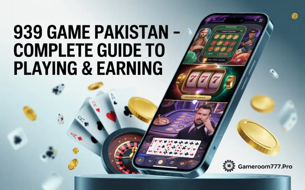 939 Game Pakistan banner showing casino games on a smartphone with coins, cards, and roulette wheel – guide to playing and earning.