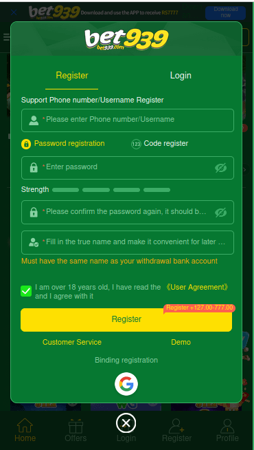 bet939 register and login screen 